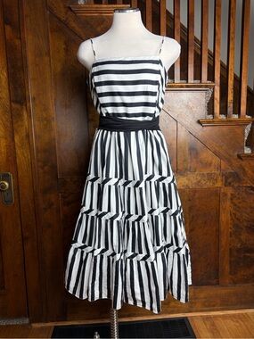 Vintage Jessica Howard Black White Striped Midi Dress Bow Tie Size 12